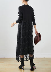 Black Patchwork Tulle Knit Holiday Dress Embroidered Fall