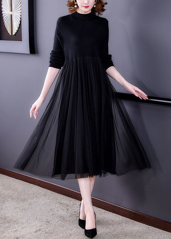 Black Patchwork Tulle Knit Long Dress Exra Large Hem Long Sleeve