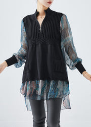 Black Patchwork Tulle Knit Shirts Tie Dye Fall