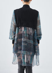 Black Patchwork Tulle Knit Shirts Tie Dye Fall