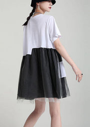Black Patchwork Tulle Pockets Summer Holiday Dress Short Sleeve - SooLinen