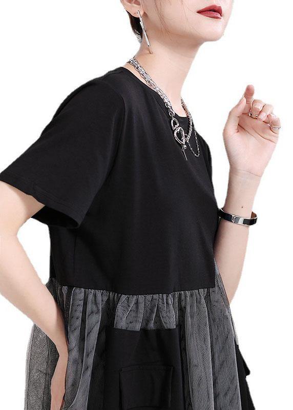 Black Patchwork Tulle Pockets Summer Holiday Dress Short Sleeve - SooLinen