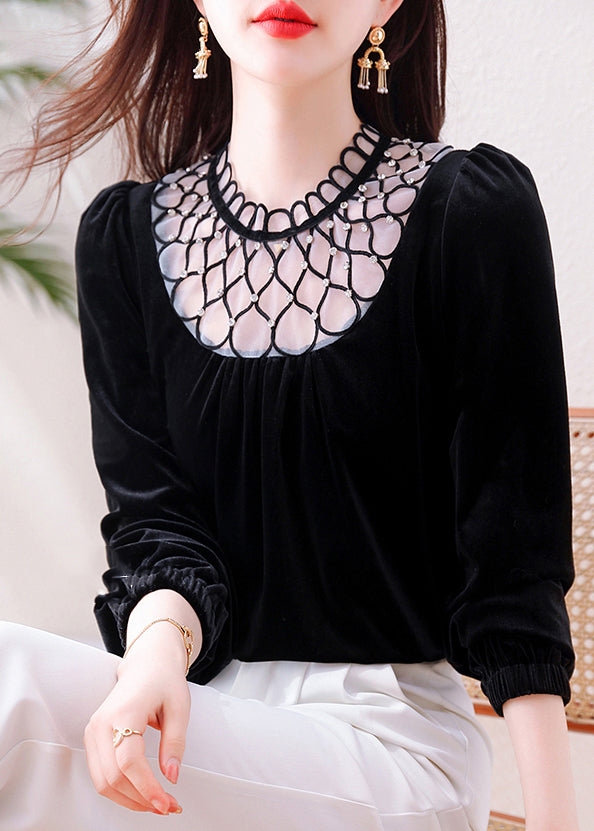 Black Patchwork Tulle Silk Velour Shirts Hollow Out Spring