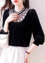 Black Patchwork Tulle Silk Velour Shirts Hollow Out Spring