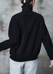 Black Patchwork Warm Fleece Loose Sweatshirt High Neck Winter