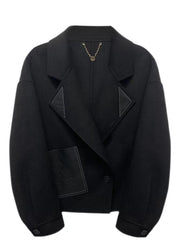 Black Patchwork Woolen Coats Oversized Button Down Fall