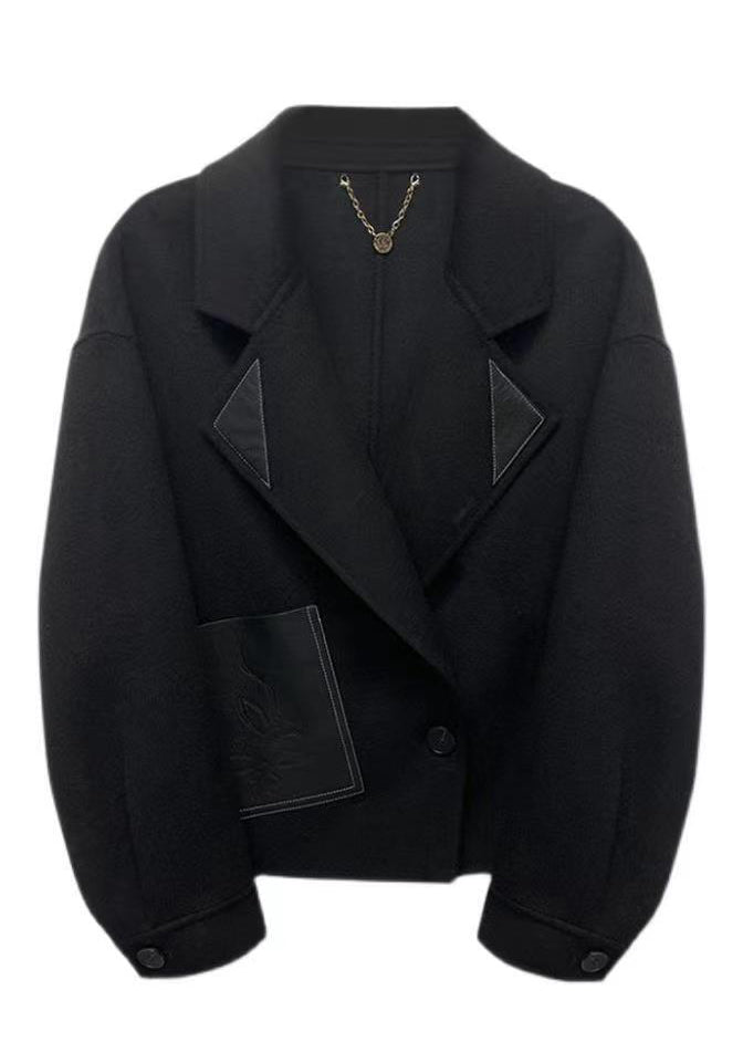 Black Patchwork Woolen Coats Oversized Button Down Fall