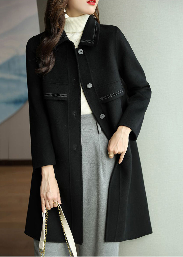 Black Patchwork Woolen Trench Coats Turn Collar Button Down Fall