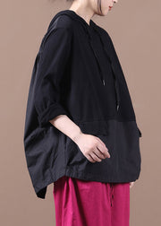 Black Patchwork Wrinkled Hooded Sweatshirt Long Sleeve