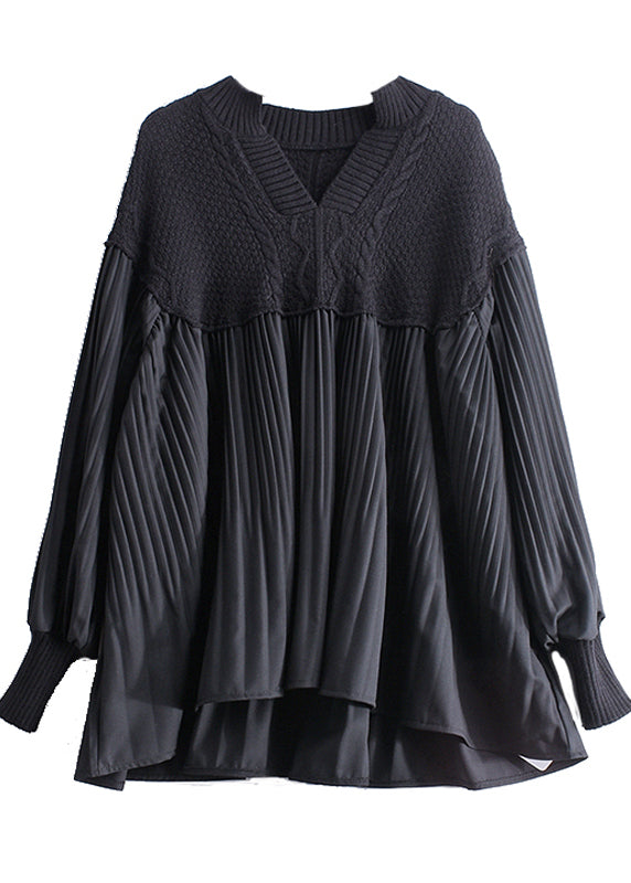 Black Patchwork wrinkled Loose Knitted Tops Long sleeve