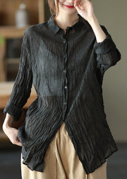 Black Peter Pan Collar Button Silk Linen Shirt Long Sleeve