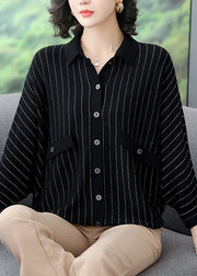 Black Peter Pan Collar Button Striped Knit Coats Long Sleeve
