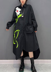 Black Peter Pan Collar Low High Design Maxi Shirts Dress Long Sleeve