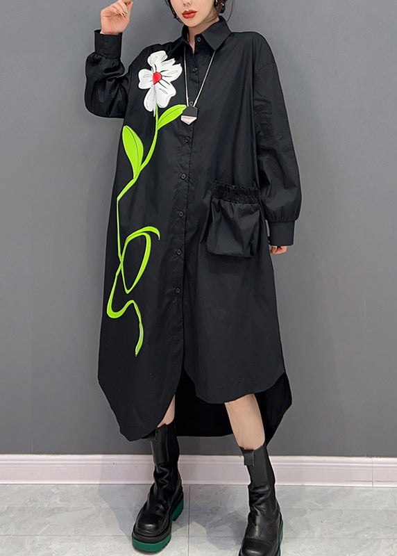 Black Peter Pan Collar Low High Design Maxi Shirts Dress Long Sleeve