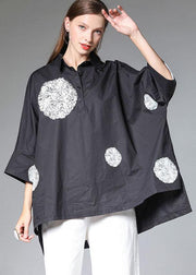 Black PeterPan Collar Button Fall Cotton Shirt Half Sleeve - SooLinen