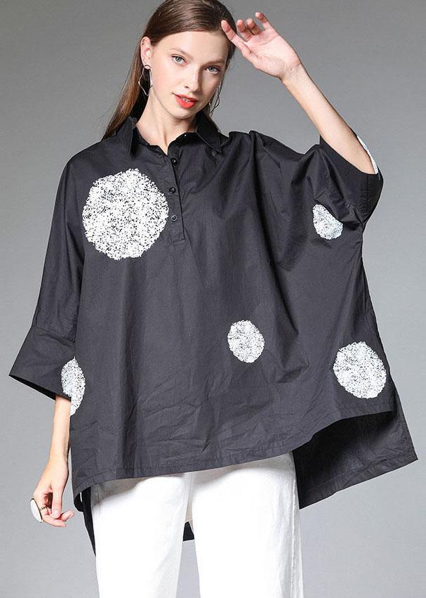 Black PeterPan Collar Button Fall Cotton Shirt Half Sleeve - SooLinen