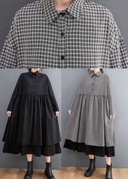 Black Plaid Button side open Cotton Dresses shirts Spring