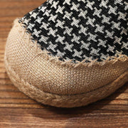 Black Plaid Cotton Linen For Women Splicing Flat Feet Shoes - SooLinen