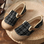Black Plaid Cotton Linen Patchwork Flat Feet Shoes - SooLinen