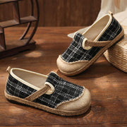 Black Plaid Cotton Linen Patchwork Flat Feet Shoes - SooLinen