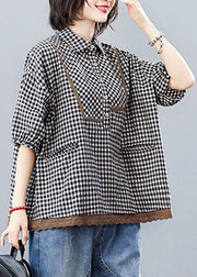 Black Plaid Lace Patchwork Shirt Tops Half Sleeve