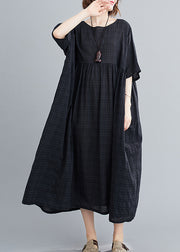 Black Plaid Loose Linen Dress wrinkled Short Sleeve