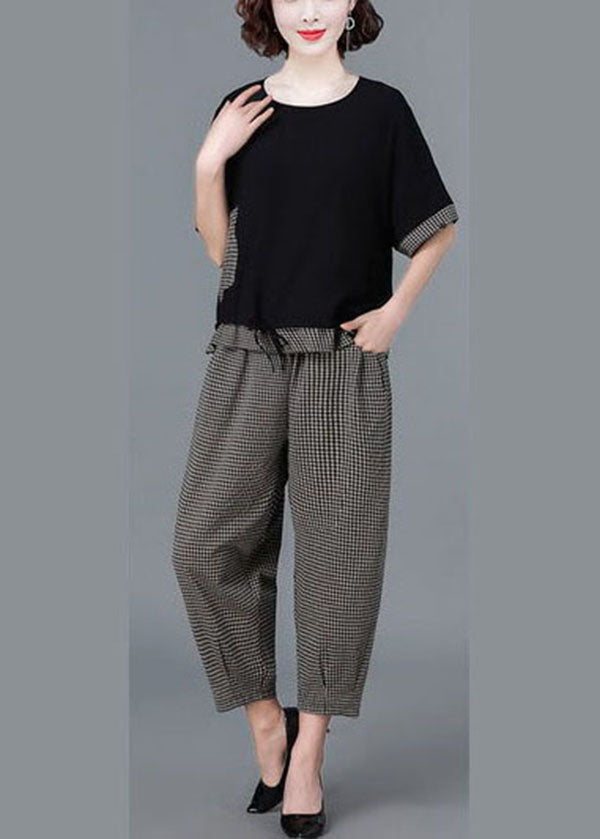 Black Plaid Patchwork Linen Tanks And Harem Pants Two Piece Set Women Clothing Drawstring Short Sleeve