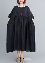 Black Plaid Patchwork Long Dresses Short Sleeve