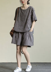 Black Plaid Tops And Shorts Patchwork Cotton Two Piece Set O Neck Summer