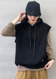 Black Pocket Loose Cotton Pullover Sweatshirt Tops Sleeveless