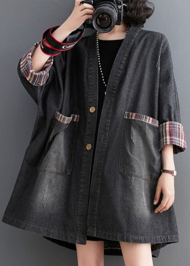 Black Pockets Button Low High Design Denim Trench Coat Fall
