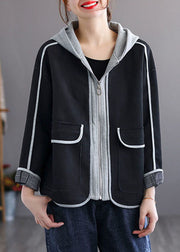 Black Pockets Cotton Coats Zip Up Hooded Spring