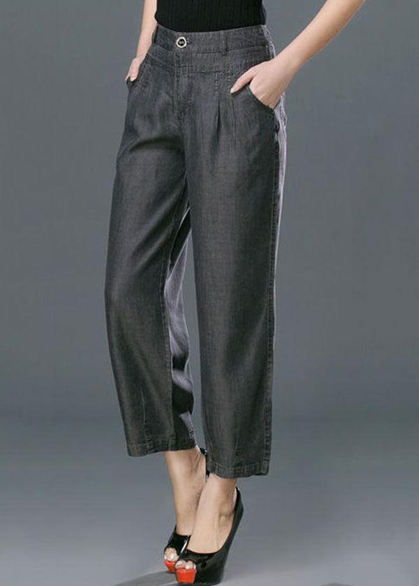 Schwarze Taschen Baumwoll-Denim-Haremshose mit hohem Taillenknopf Sommer