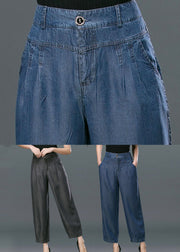 Black Pockets Cotton Denim Harem Pants High Waist Button Summer