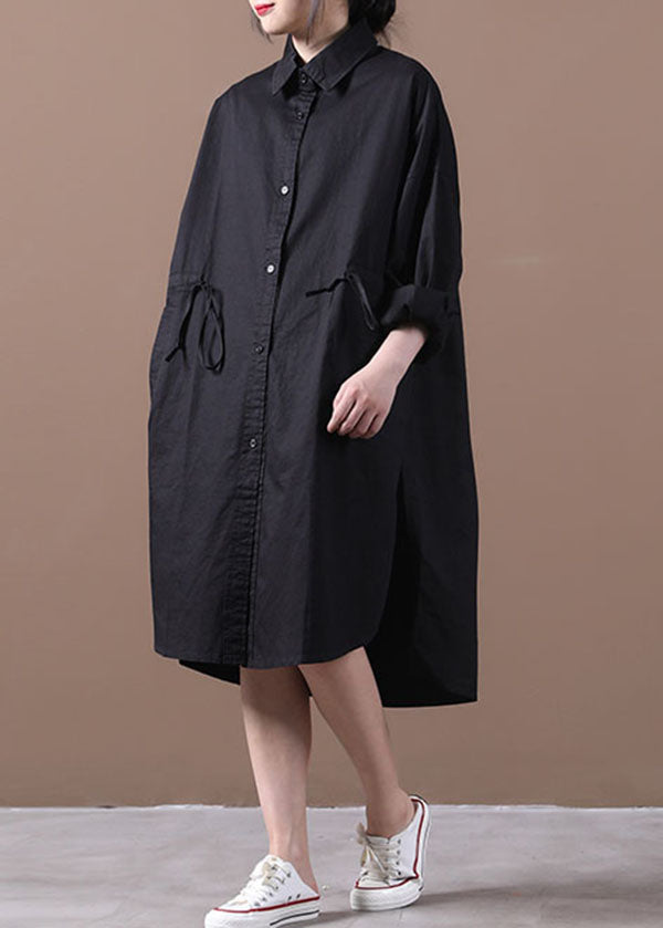 Schwarze Taschen Baumwolle lockere Hemdkleider einfarbig Kordelzug lange Ärmel