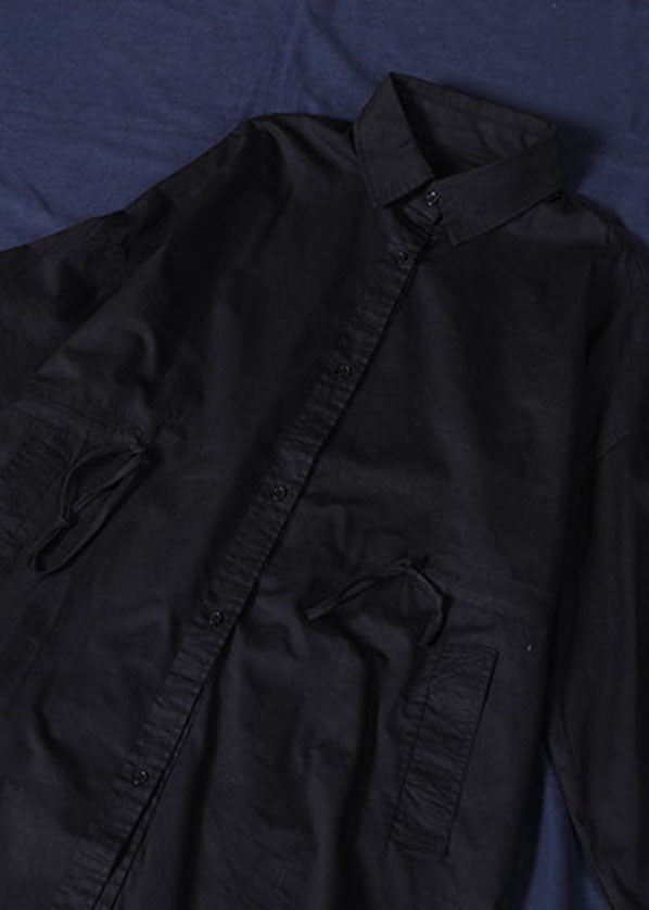 Black Pockets Cotton Loose Shirt Dresses Solid Color Drawstring Long Sleeve