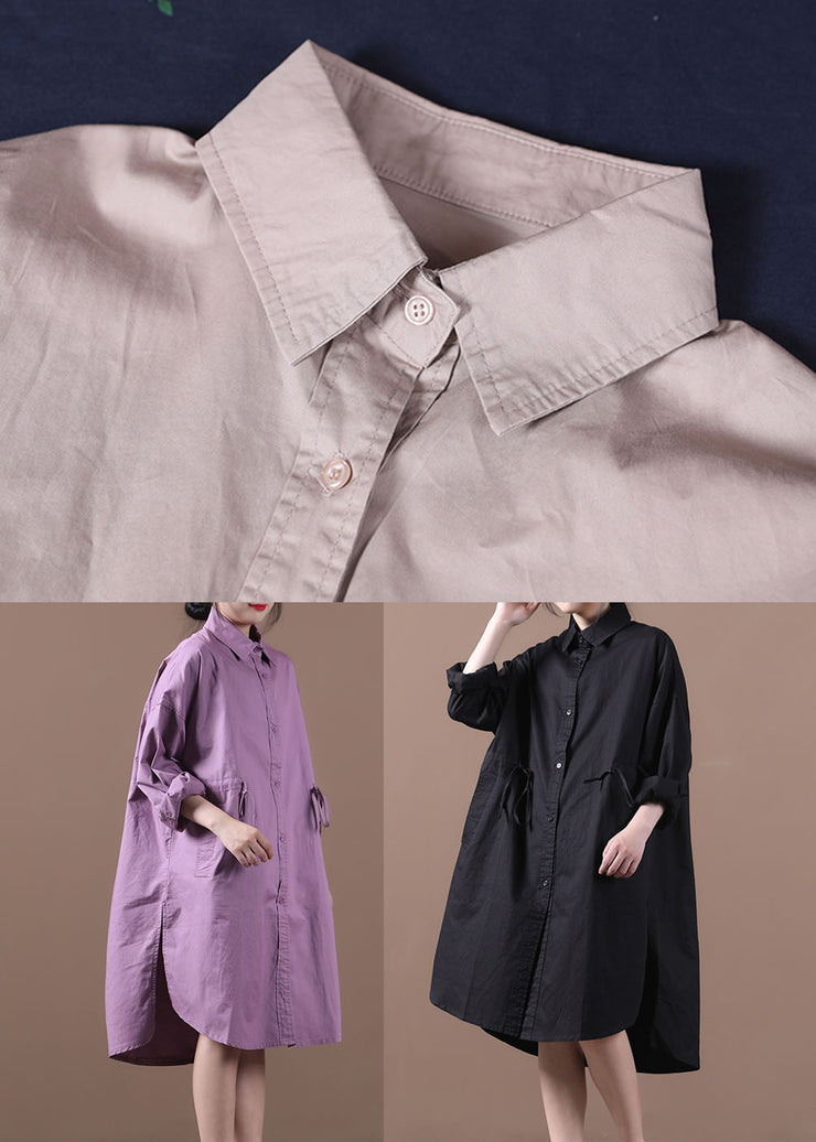 Black Pockets Cotton Loose Shirt Dresses Solid Color Drawstring Long Sleeve