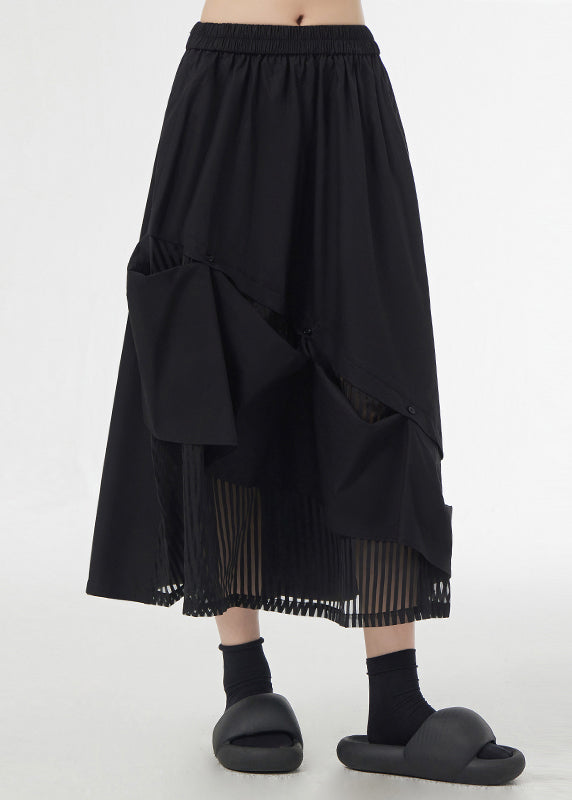 Black Pockets Elastic Waist Patchwork Cotton Skirt Asymmetrical