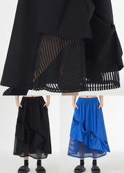 Black Pockets Elastic Waist Patchwork Cotton Skirt Asymmetrical