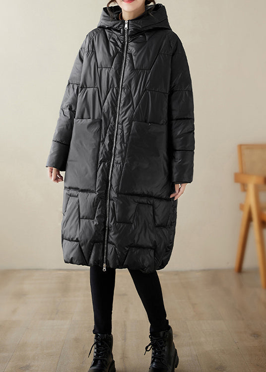 Black Pockets Fine Cotton Filled Coats Hooded Zippered Winter