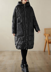 Black Pockets Fine Cotton Filled Coats Hooded Zippered Winter