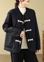 Black Pockets Loose Fine Cotton Filled Coats Horn Button Winter
