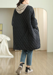 Black Pockets Loose Fine Cotton Filled Puffer Coat Hooded Winter