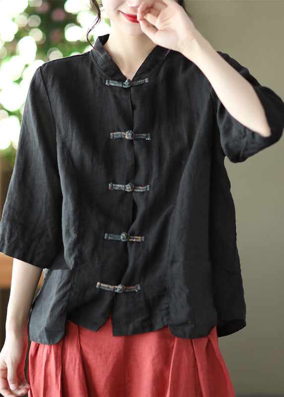 Black Pockets Oriental Linen Shirt Wrinkled Bracelet Sleeve