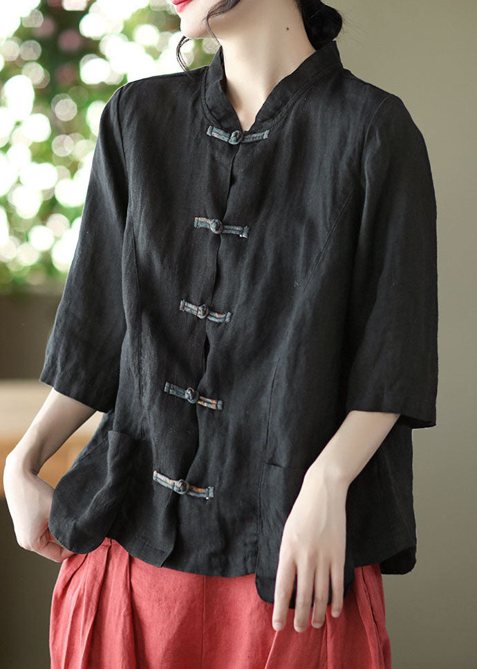 Black Pockets Oriental Linen Shirt Wrinkled Bracelet Sleeve