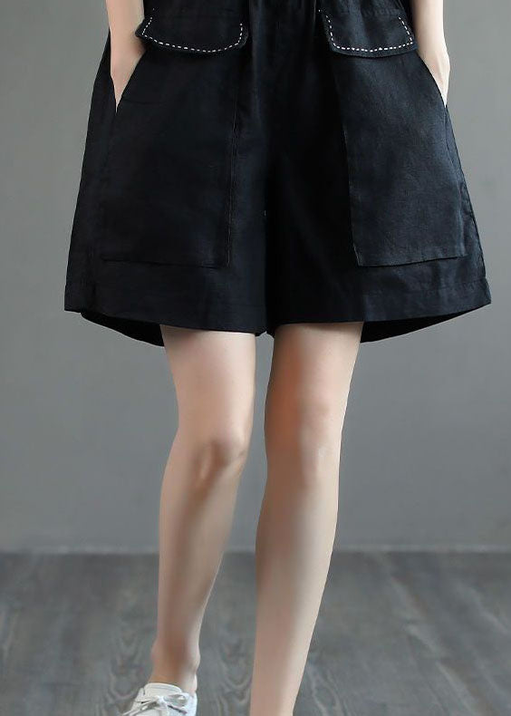Black Pockets Patchwork Casual Linen Shorts Summer