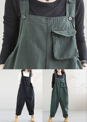 Black Pockets Patchwork Cotton Jumpsuit Button Spring