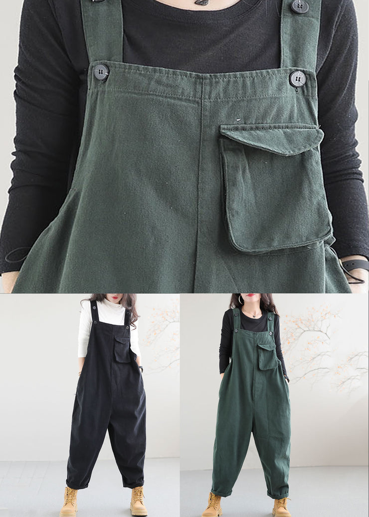 Black Pockets Patchwork Cotton Jumpsuit Button Spring