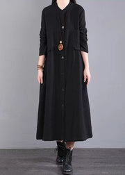 Black Pockets Patchwork Cotton Long Dress Button Wrinkled Fall