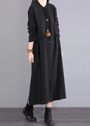 Black Pockets Patchwork Cotton Long Dress Button Wrinkled Fall